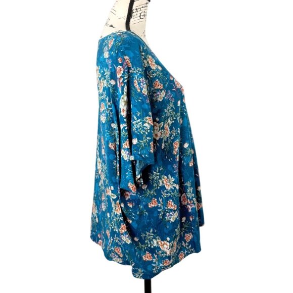 Natural Life Womens V-Neck Blouse Top Short Sleeve Floral Blue Boho Size M - Picture 2 of 7